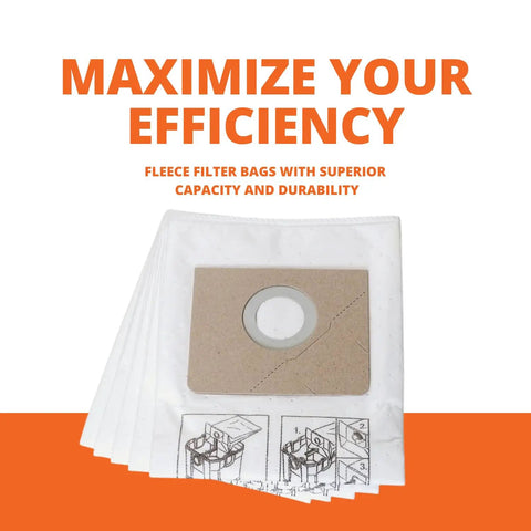 Tear-Resistant Fleece Filter Bags Pro Grade Extended Capacity For Heavy Dust And Fine Filtration, 5 pack displayed.