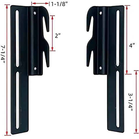 Heavy Duty Rock Solid Hook On Bed Frame Conversion Bracket Kit With Quick Install Hardware Bolt On To Hook On Headboard Or Footboard Black Steel, showing black steel brackets with measurements.
