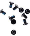 Heavy Duty 10 Pack M2.5 By 4 Millimeter Phillips Flat Head Screws With Nickel Plating For Laptop Bottom Cases And Wifi Modules Slick Black For Smooth Swaps, showing multiple screws with blue thread lock.