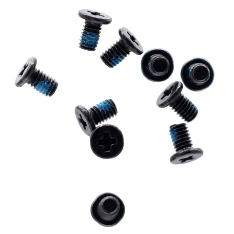 Heavy Duty 10 Pack M2.5 By 4 Millimeter Phillips Flat Head Screws With Nickel Plating For Laptop Bottom Cases And Wifi Modules Slick Black For Smooth Swaps, showing multiple screws with blue thread lock.