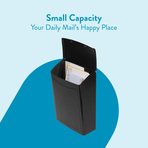 Open black Marina wall-mount mailbox displaying letters, small capacity, focus keyword: Black Marina Wall Mount Mailbox For Outdoor Use Small Weather Tough Galvanized Steel With Rust Resistant Powder Coat Finish All Weather Year Round Outdoor Mailbox That Stands Up To Rain Snow And Sun.