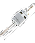 RS775 DC Motor 12V 3000 RPM dual output long shaft fan motor with dimensions shown, ideal for DIY and custom machines.