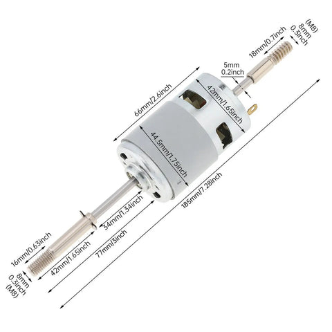 RS775 DC Motor 12V 3000 RPM dual output long shaft fan motor with dimensions shown, ideal for DIY and custom machines.