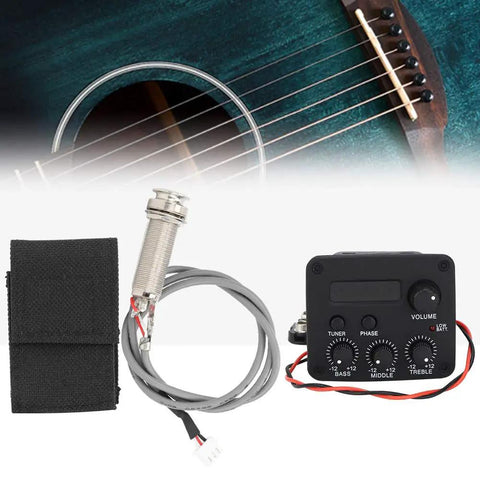 Three Band EQ Preamp Guitar Pickup System with LCD display, knobs, and piezo pickup for acoustic and electric guitar enhancement