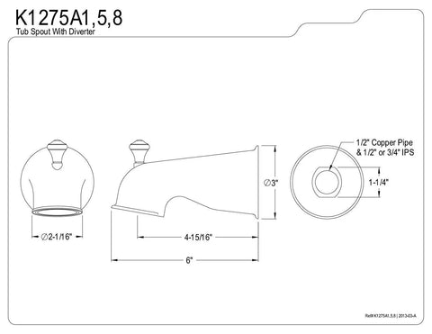 Diagram of 6-Inch Universal Diverter Tub Spout in Oil Rubbed Bronze showing dimensions and connection types.