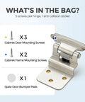 Heavy Duty Satin Nickel Self Closing Cabinet Hinges, 3/8 Inch Overlay, 50 Pack With All Included Mounting Screws And Quiet Bumpers, showing screws and bumpers in packaging.