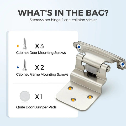 Heavy Duty Satin Nickel Self Closing Cabinet Hinges, 3/8 Inch Overlay, 50 Pack With All Included Mounting Screws And Quiet Bumpers, showing screws and bumpers in packaging.