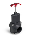 Above Ground Gate Valve 1.5 Inch Dual Threaded Shut Off Slice Adapter Durable Black Plastic Isolation Valve For Swimming Pools Leak Free Access For Pump Maintenance And Equipment Servicing. Black plastic valve with red handle, side view.