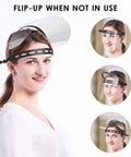 Woman wearing adjustable full face shield kit with anti fog clear visors lightweight frame 2 pack for all day comfort and protection