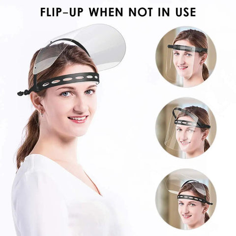 Woman wearing adjustable full face shield kit with anti fog clear visors lightweight frame 2 pack for all day comfort and protection
