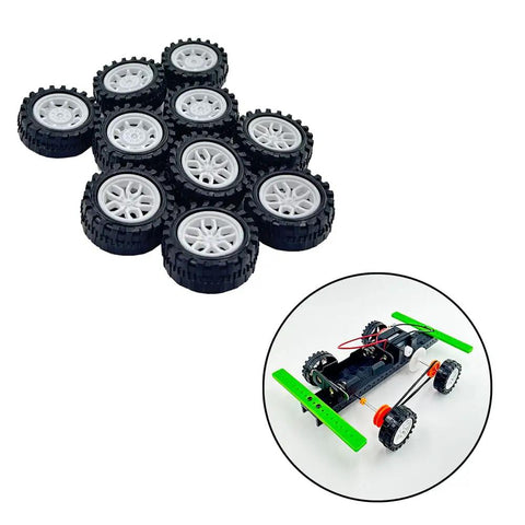 10 plastic wheels from 30Pcs Plastic Toy Car Wheels Set For RC Cars Trucks And DIY Robots With 2mm Shaft Axles White 31mm Diameter