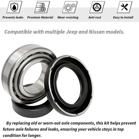 2 Piece Axle Bearing And Seal Kit For Jeep J10 CJ5 CJ6 Wrangler JK Nissan Xterra 1971 2018 Replacement Axle Seals And Bearings Set For Dana 44 Front Or Rear, showing bearings and seals with premium material description