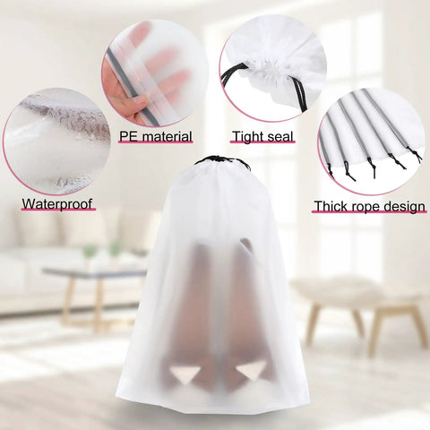 18 Pack Travel Shoe Bags For Packing And Organization, clear 15.7 x 11.8 inch storage bag features PE material and waterproof design.