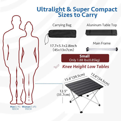 Portable Aluminum Camping Table With Foldable Aluminum Table Top And Stable Triangle Frame No Fuss Easy Carry For Outdoor Adventures Beach Picnics BBQs Festivals And Home Use Built Tough For Sand Grass Or Deck shown with dimensions and carrying bag