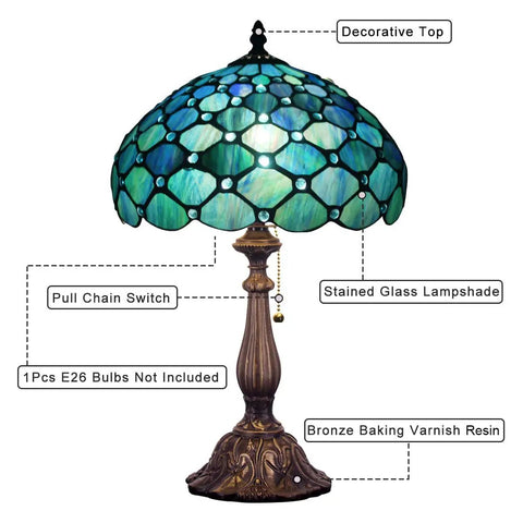 Sea Blue Pear Stained Glass Shade Tiffany Style Table Lamp With 12 Inch Wide 19 Inch Tall Antique Bronze Base UL Listed Reading Light.