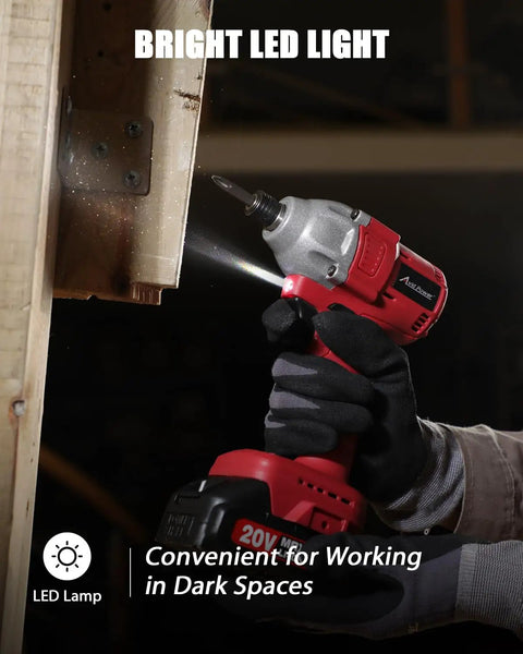 20V Brushless Impact Driver Kit With Two-Speed Variable Speed, cordless power tool with bright LED light in use on wood