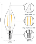 Diagram of Dimmable E12 LED Candles Bulbs 40W Equivalent CA10 Flame Tip Warm White 2700K with dimensions and details