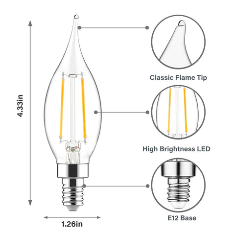 Diagram of Dimmable E12 LED Candles Bulbs 40W Equivalent CA10 Flame Tip Warm White 2700K with dimensions and details