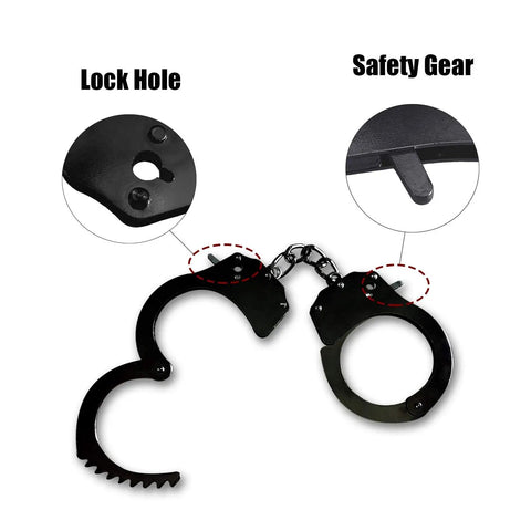 Close-up of Metal Toy Handcuffs With Keys Adjustable Black Handcuffs For Pretend Play showing lock hole and safety gear features.