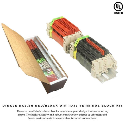 UL Listed DIN Rail Terminal Block Kit With Ground Jumpers End Covers And End Brackets For 12 To 22 AWG Wire 20A 600V Rating Fully Customizable Assembly Includes Rail Ground DK2.5N PE Jumpers End Caps Made In USA For Pros product