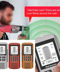 7-in-1 for stud Finder Wall Scanner LCD Display Deep Scan 7-in-1 models showcasing detection features with user using a drill.