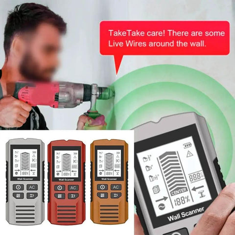7-in-1 for stud Finder Wall Scanner LCD Display Deep Scan 7-in-1 models showcasing detection features with user using a drill.