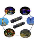 2-pack black M20 IP68 waterproof 4-pin cable connectors for 5–9 mm wires, shown with lighting application scenes.