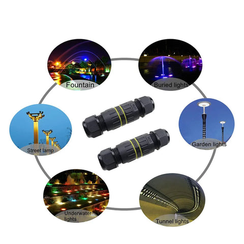 2-pack black M20 IP68 waterproof 4-pin cable connectors for 5–9 mm wires, shown with lighting application scenes.