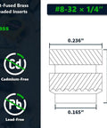 Diagram of Brass Heat Set Threaded Inserts For Plastic And 3D Printing Eight Thirty Two Female Thread Size 0.25 Inch Length