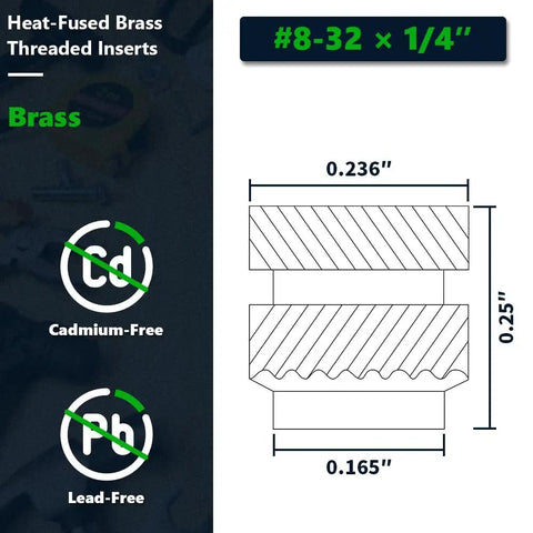 Diagram of Brass Heat Set Threaded Inserts For Plastic And 3D Printing Eight Thirty Two Female Thread Size 0.25 Inch Length