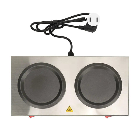 Hella Fast Heating Double Coffee Mug Warmer With Brushed Stainless Steel Plate and Clear Glass Stand For Daily Driver Mugs, top view with plug.
