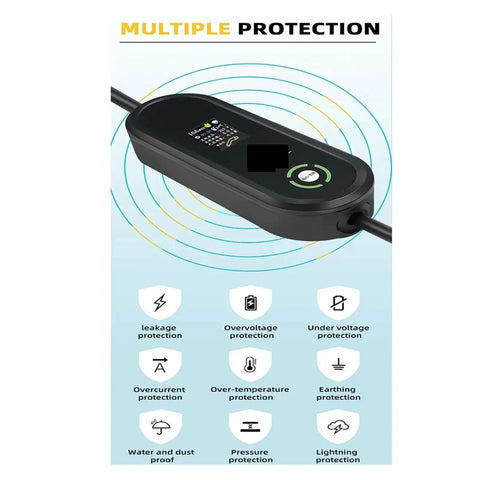 Level 2 Portable EV Charger 16A Three Point Five Kilowatts Fast Charging for Home and Travel with multiple safety icons