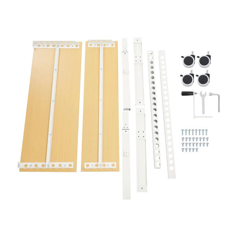 Heavy Duty Dual Tier Standing Desk With Smooth Crank Lift Tough Locking Wheels And Roomy Carbon Steel Desktop assembly parts including wood and metal components.