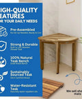 SnazzyCorner Waterproof Teak Shower Bench in corner with curved edges, listing features like water resistance and durability.