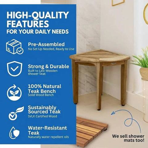 SnazzyCorner Waterproof Teak Shower Bench in corner with curved edges, listing features like water resistance and durability.