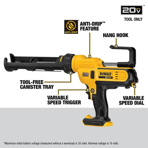 Cordless 20V Caulking Gun With Variable Speed Trigger And Flow Dial, 10 Oz Capacity, Anti Drip Auto Retracting Plunger