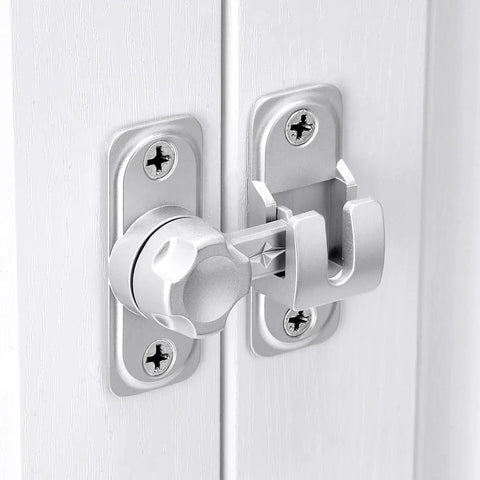 Close-up of Straight Up No Nonsense Premium Zinc Alloy Barn Door Lock featuring dual angle mounting on white door.