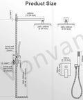 Dimensions for Dope Matte Black Shower Faucet Set With 10 Inch Luxury Brass Rain Shower Head And Handheld Spray High Pressure.