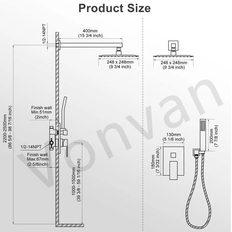 Dimensions for Dope Matte Black Shower Faucet Set With 10 Inch Luxury Brass Rain Shower Head And Handheld Spray High Pressure.