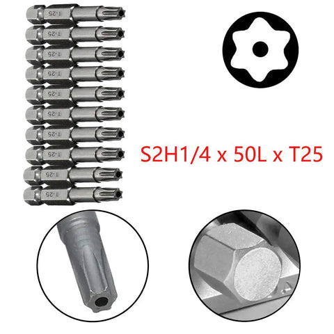Real Deal 10 Piece T25 Torx Security Bit Set With Crazy Strong Magnetic Quarter Inch Hex Shank Built Tough Alloy Steel Driver Kit, close-up of bits.