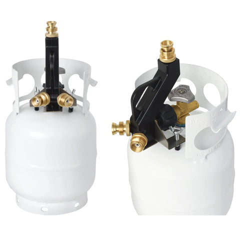 Close-up of Three Port Propane Distribution Tree for Camping Connects Three One Pound Appliances to a Standard BBQ Tank