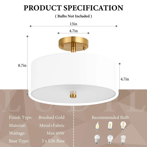 3 Light Gold Drum Semi Flush Mount Ceiling Light With White Fabric Shade, Modern Close To Ceiling Fixture For Bedroom Living Room Kitchen Hallway Entryway, Frosted Glass Diffuser, Dope Brushed Gold Finish