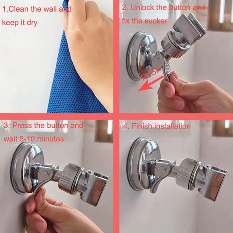 Installation steps for Adjustable Shower Head Holder With Sticky Pad And Removable Suction Cup No Drill Bracket, chrome finish.