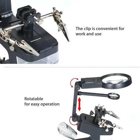 USB Electric Soldering Clamp With 10 LED Magnifying Desk Lamp featuring adjustable arm and clips for hands-free electronics repair