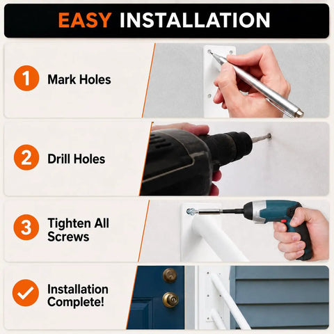 Easy installation steps for Built Tough Steel Wall Mount Handrail For Stairs And Decks, 18 Inch White Indoor Outdoor Safety Railing.