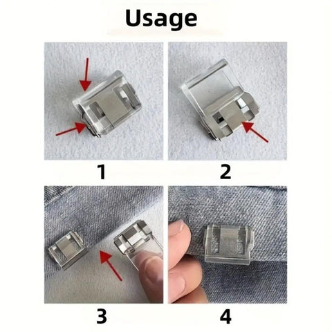 Usage instructions for 20 Pairs Quick Fix Hem Clips and Reusable Clamps for Pants, Paper and Window Ventilation, Transparent Purple Tops with Sturdy Metal Base