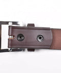 Close-up of 1.75 Inch Leather Garrison Belt in Brown Size 40, full grain English bridle leather, brass snaps detail.