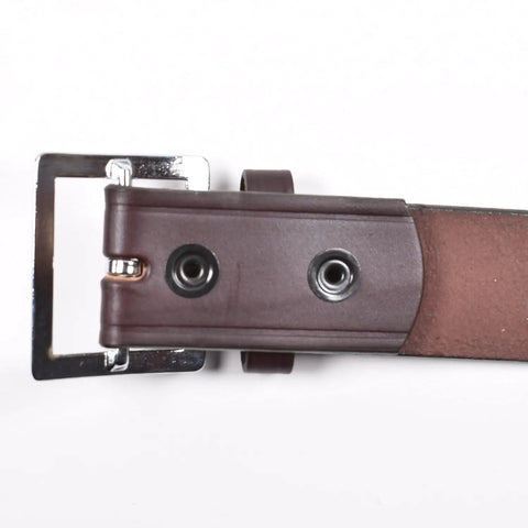 Close-up of 1.75 Inch Leather Garrison Belt in Brown Size 40, full grain English bridle leather, brass snaps detail.