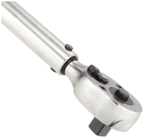 Close-up of Beefed-Up Half Inch Drive Adjustable Micrometer Newton Meter Torque Wrench head, showing laser marked scale and spring loaded ring.