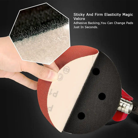 Pro Grade Pneumatic Random Orbital Sander 5 Inch And 6 Inch Palm Tool with sticky backing pad close-up.